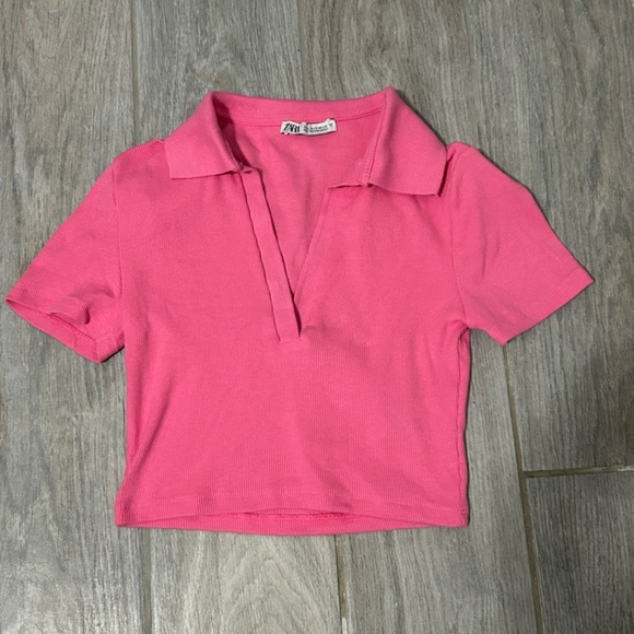 Women's Zara Cropped Hot Pink Ribbed Polo Shirt - SMALL - Picture 6 of 10